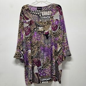 MAGGIE BARNES Womens Stretchy Blouse Top Bell Sleeve Geometric Multicolor Sz.3X